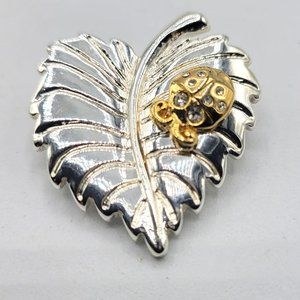 AJMG Pin Brooch Silver-Tone Leaf Gold-Tone &Rhinestones Ladybug 1.5"